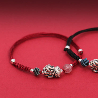 Pulsera trenzada de plata de ley 999 con cuentas de cuarzo fresa PiXiu y piedras de Buda para la riqueza y la suerte 