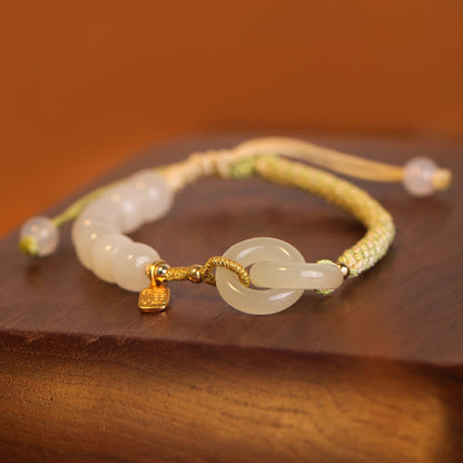 Pulsera trenzada con cuentas de jade hetiano natural de Buda y doble hebilla de paz con carácter Fu 
