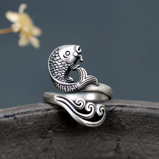 Buddha Stones 925 Sterling Silber Koi Fisch Wasser Ripple Glück Reichtum Ring 