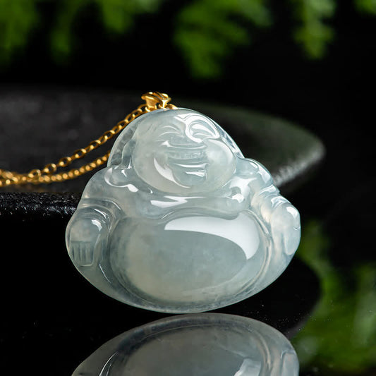 Collar con colgante de Buda sonriente de jade natural y oro de 18 quilates.