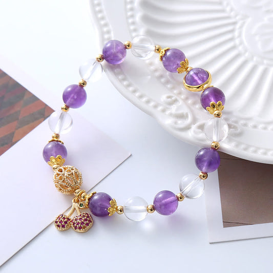 Buddha Stones Armband mit natürlichem Amethyst und weißem Kristall, positive Kirsche 