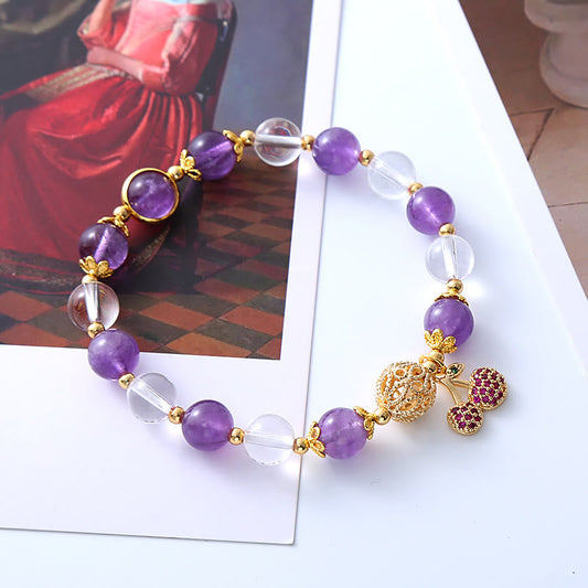 Buddha Stones Armband mit natürlichem Amethyst und weißem Kristall, positive Kirsche 