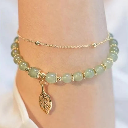 Pulsera de cuentas con piedras de Buda, hojas de jade, ginkgo, tulipán, cacahuete y carácter Fu, con la suerte
