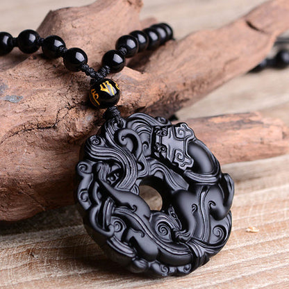 Collar con colgante de purificación Pixiu con hebilla de paz de obsidiana negra natural y piedras de Buda 