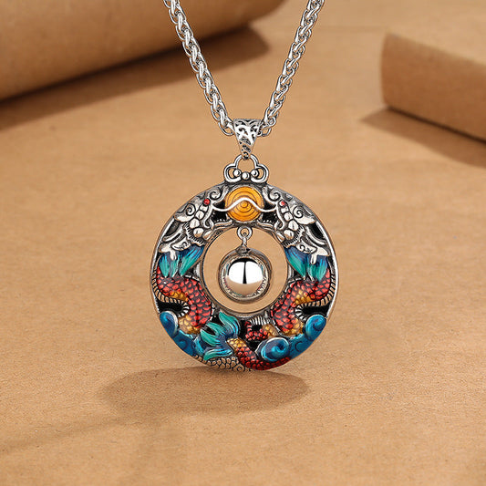 Collar con colgante de cobre protector con cuentas de dragón dobles coloridos y piedras de Buda del Año del Dragón 