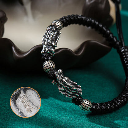 Buddha Stones 999 Sterling Silber Doppeldrache Glück Handgefertigtes geflochtenes Armband