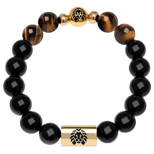 Buddha Stones Schutzarmband mit schwarzer Onyx-Tigerauge-Perle und Löwengravur