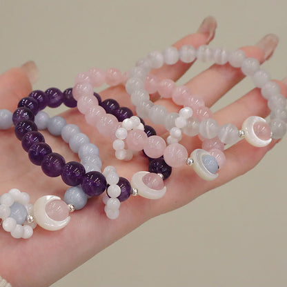 Pulsera de plata de ley 925 con amatista natural, aguamarina y cristal rosa, ojo de gato y luna creciente curativa. 
