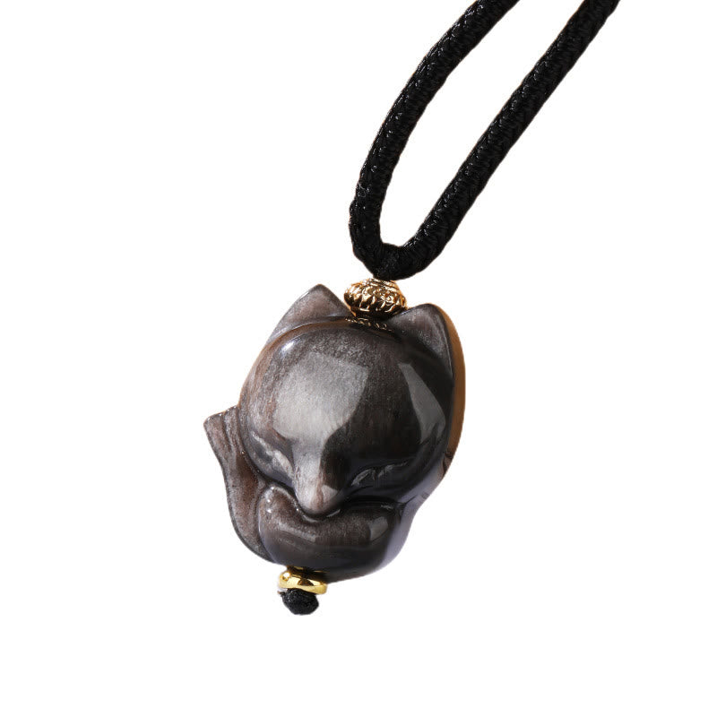Collar con colgante de zorro de nueve colas de obsidiana con brillo de plata natural y piedras de Buda 