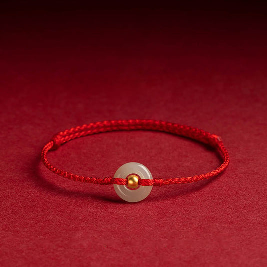 Buddha Stones 999 Goldperle, runde Friedensschnalle, Hetian Jade, Glück und Fülle, geflochtenes Armband, Fußkettchen 