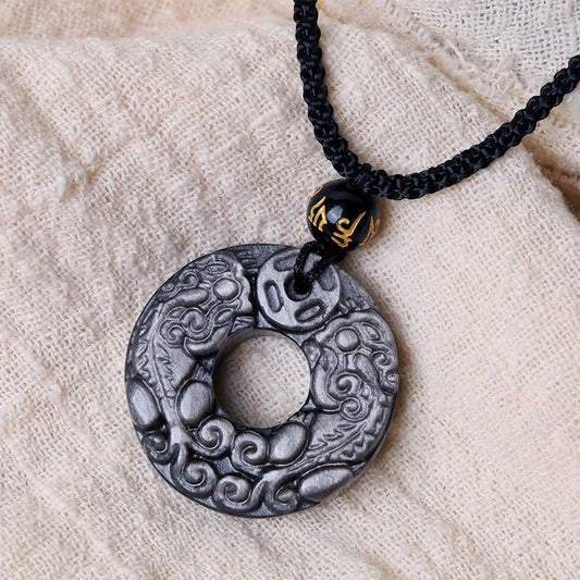 Buddha-Steine, natürlicher Silberglanz, Obsidian, Doppel-PiXiu, Kupfermünze, Friedensschnalle, Schutz-Halskettenanhänger