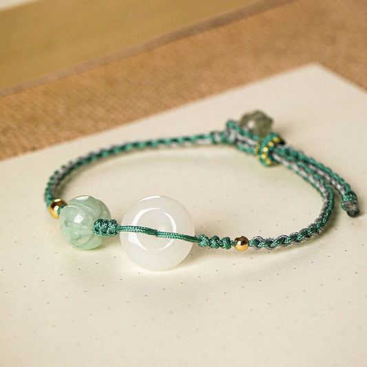 Pulsera trenzada con cuentas de calabaza y hebilla de paz de jade blanco y piedras de Buda para bendición de la suerte