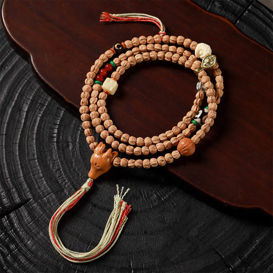 Pulsera Mala de sabiduría con cabeza de ciervo y ágata roja de semilla de Bodhi de 108 cuentas de Buda 