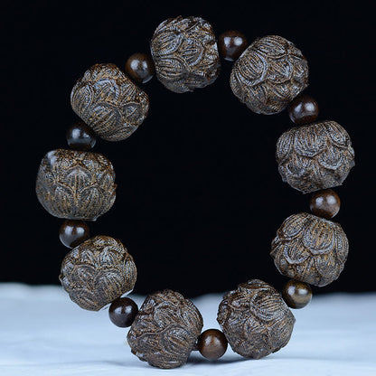 Pulsera de equilibrio con grabado de dragón de loto y dieciocho arhats de madera de ébano y piedras de Buda 