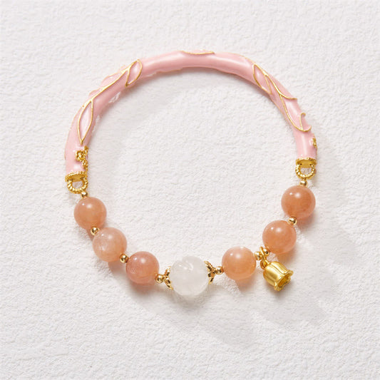 Pulsera con dije positivo de lirio de los valles, jade y seda dorada, piedra solar y piedras de Buda