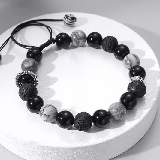 Pulsera de cuerda con cuentas de jaspe Picasso, obsidiana negra y roca de lava vintage de Buda