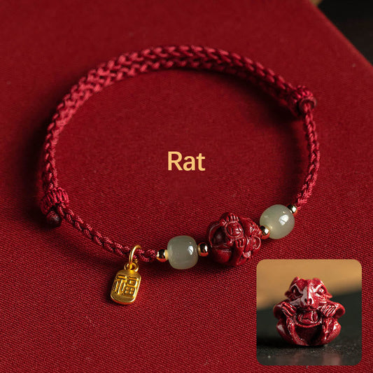Pulsera de cuerda de la suerte con piedras de Buda, cinabrio natural, jade hetiano del zodiaco chino, personaje Fu 