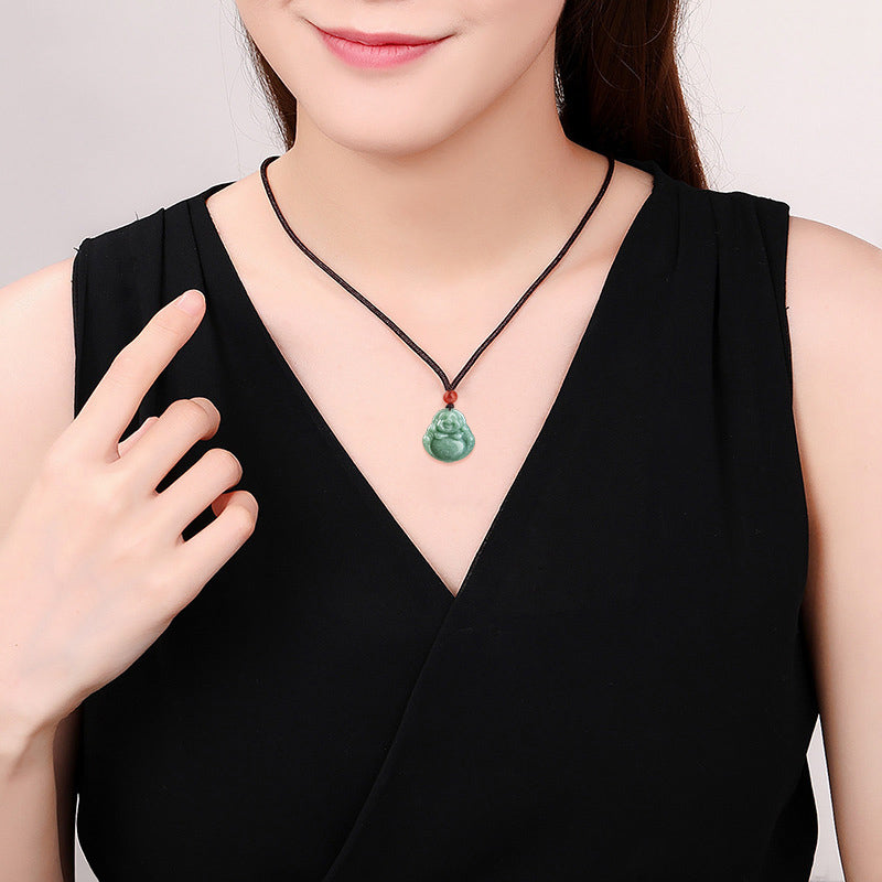 Collar con colgante de hilo de jade cian y piedras de Buda sonriente