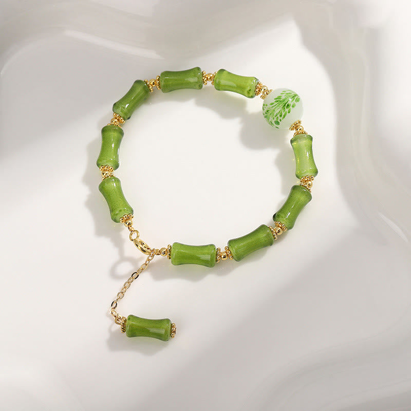 Pulsera de cadena de riqueza con ágata musgosa y cristal de Liuli con diseño de bambú verde y piedras de Buda