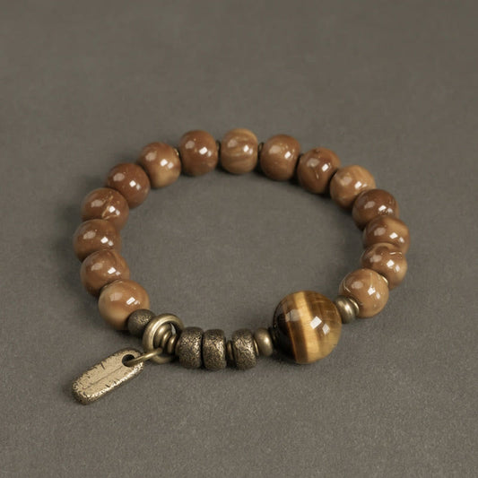 Pulsera de la suerte con piedras de Buda, semilla de Kuka, ojo de tigre, obsidiana dorada y cobre