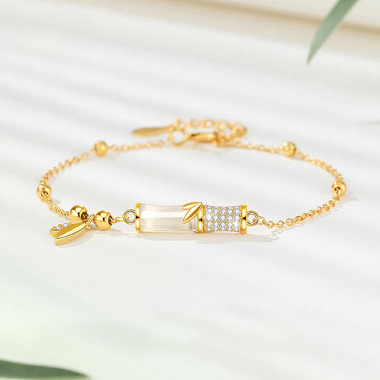 Pulsera de la suerte con piedras de Buda, plata de ley 925, chapada en oro de 18 quilates, jade blanco, bambú y circón. 