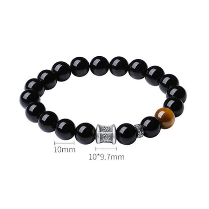 Pulsera de obsidiana negra con ojo de tigre y piedras de Buda en plata de ley 999 con el símbolo del Om Mani Padme Hum 