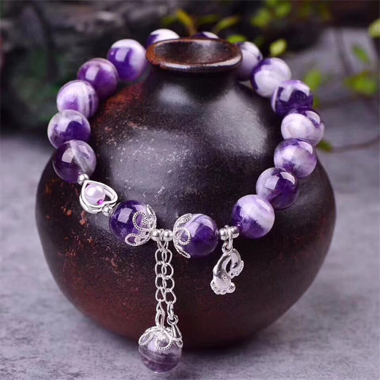 Buddha Stones 925 Sterling Silber Natürlicher Amethyst Heilende Füße Liebesherz Charm Armband 