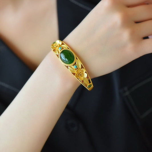 Buddha Stones Cyan Jade Weiß Jade Blume Blatt Harmonie Glück Armband Armreif