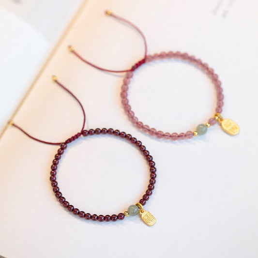 Buddha Stones Natürlicher Erdbeerquarz Granat Jade Glücksbringer Fu Charakter Heilung Charm Armband