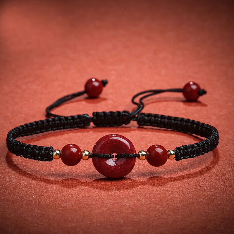Buddha Stones Natürliches Zinnober-Armband mit Friedensschnalle und Segensschnur 