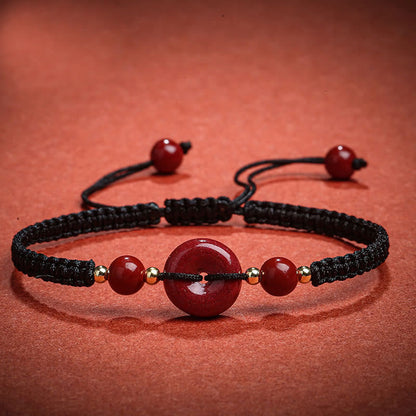 Buddha Stones Natürliches Zinnober-Armband mit Friedensschnalle und Segensschnur 