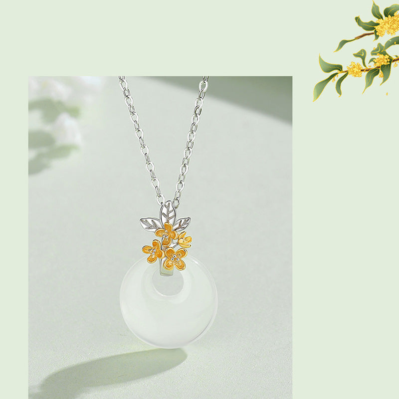 Collar con colgante de flor de armonía de doce meses de calcedonia redonda de plata de ley 925 con piedras de Buda 