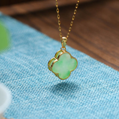 Buddha Stones Vierblättriges Kleeblatt Jade Muster Glück Halskette Anhänger