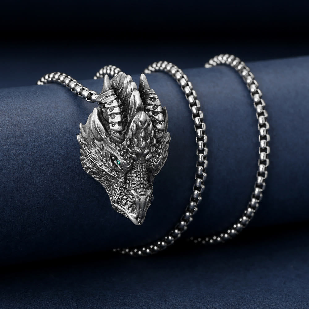 Collar con colgante de metal con cabeza de dragón de estaño puro y piedras de Buda para proteger la suerte 