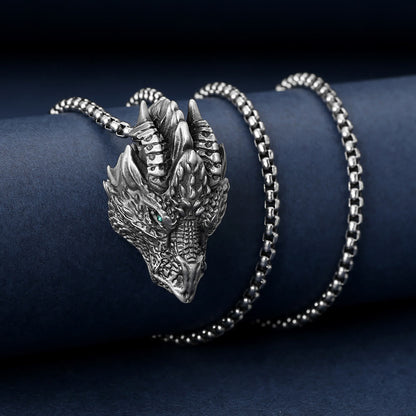 Collar con colgante de metal con cabeza de dragón de estaño puro y piedras de Buda para proteger la suerte 