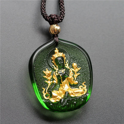 Collar con colgante de protección de cristal Liuli bañado en oro con piedras de Buda Tara Verde tibetano 