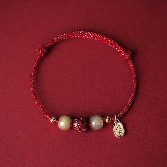 Pulsera de cuerda artesanal con piedras de Buda, jade hetiano, cinabrio y loto de la suerte, chapada en oro de 14 quilates 