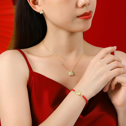 Buddha Stones 925 Sterling Silver Year of the Dragon Natural Hetian Jade Red Agate Cute Dragon Protection Success Bracelet Necklace Pendant Earrings