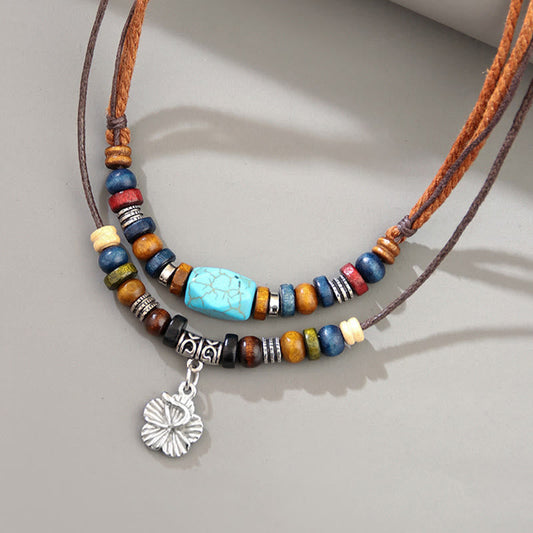 Buddha-Steine ​​Türkis Kleine Blume Schutz Doppelschicht Halskette Anhänger Armband