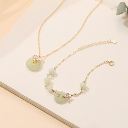Buddha Stones 925 Sterling Silver Natural Hetian Jade Peace Buckle Orchid Luck Bracelet Necklace Pendant Set