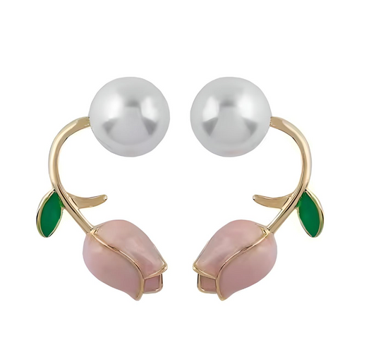 Pink Tulip Pearl Stud Earrings