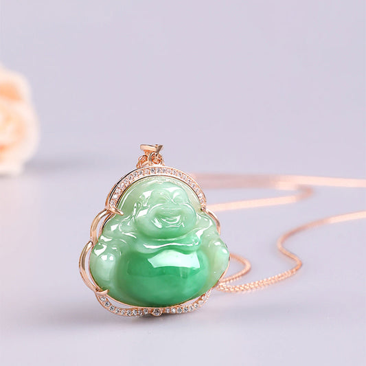 Collar con colgante de Buda sonriente de jade natural y cadena de plata de ley 925 para la prosperidad