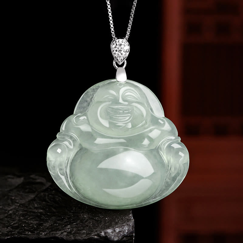 Collar con colgante de Buda sonriente de jade natural en plata de ley 925 con piedras de Buda, cadena de prosperidad y abundancia.