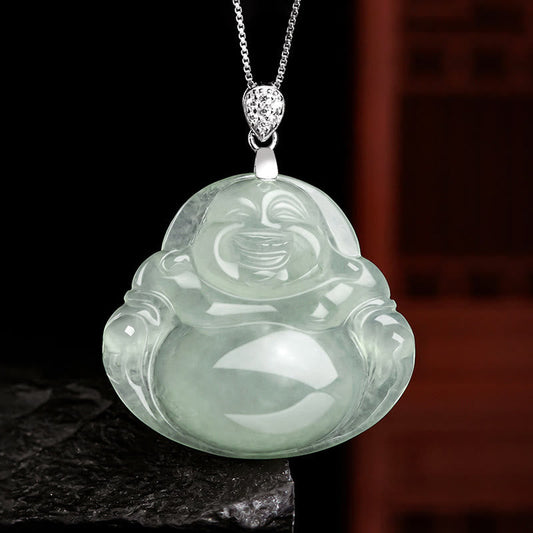 Buddha Stones Halskette mit Anhänger aus 925er Sterlingsilber mit natürlichem Jade-Anhänger „Lachender Buddha“ für Wohlstand und Fülle