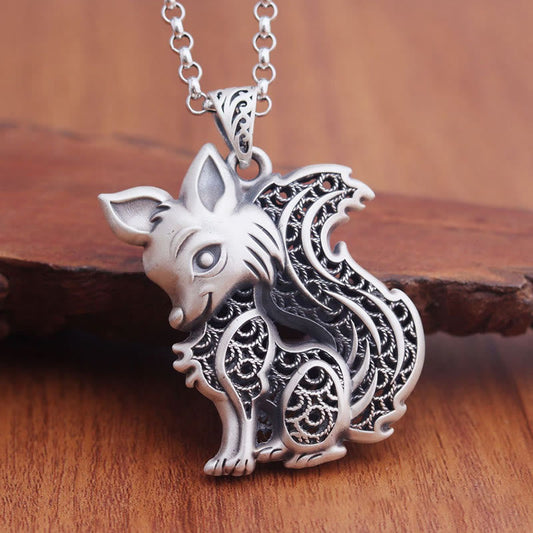 Buddha Stones Tibet 999 Sterling Silver Fox Pattern Two-sided Blessing Necklace