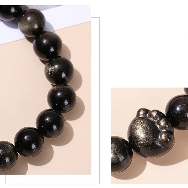 Pulsera de riqueza con garra de gato y obsidiana con brillo dorado natural y obsidiana con brillo plateado. 