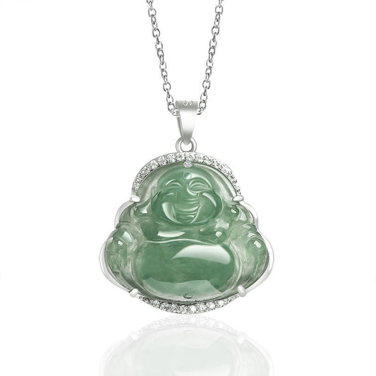 Buddha Stones Halskette mit Anhänger, 925er Sterlingsilber, lachender Buddha, natürliche Jade, Glück und Wohlstand