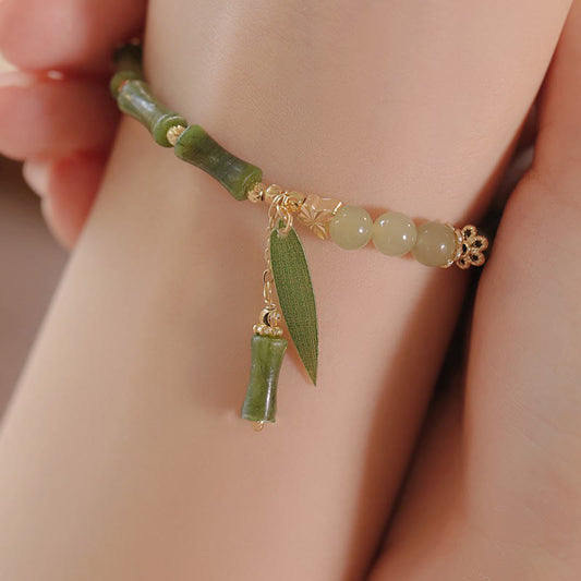 Pulsera de Buda con piedras de jade, hojas de bambú y lirio de los valles, con diseño de suerte y abundancia