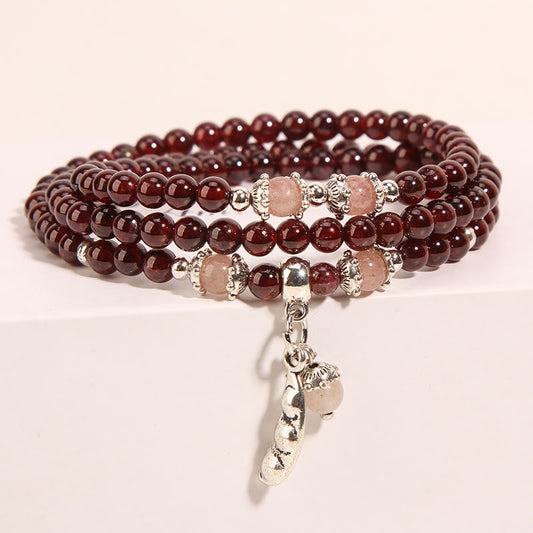 Buddha Stones Natürlicher Granat Erdbeerquarz Grüne Bohnen PiXiu Schutz Dreifach-Wickelarmband 