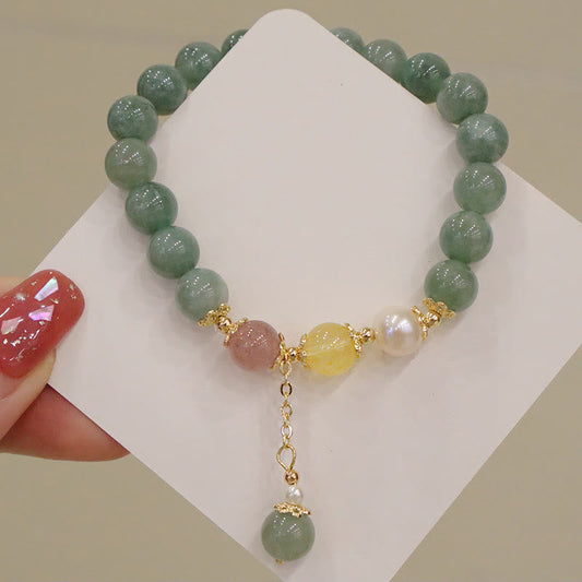 Pulsera de cuentas de Buda con jade, perla, cuarzo fresa y amuleto de la suerte